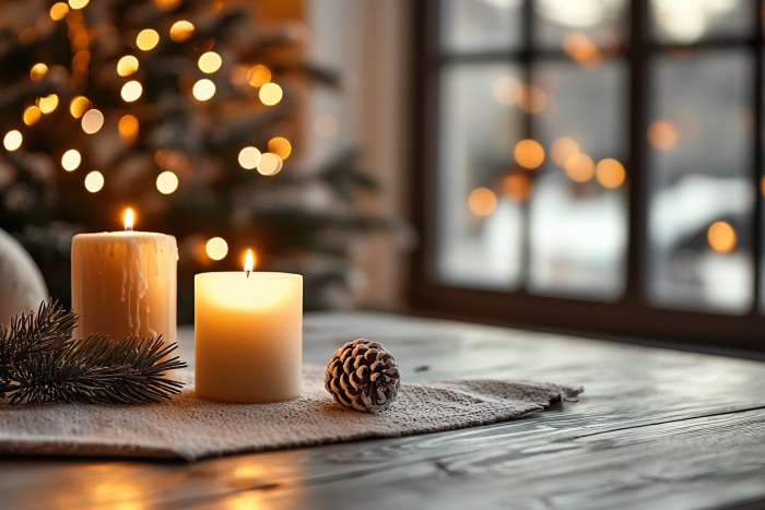 Soft candlelight with pine accents on a winter table setting, offering a peaceful mood for New Providence, NJ funeral home and cremations